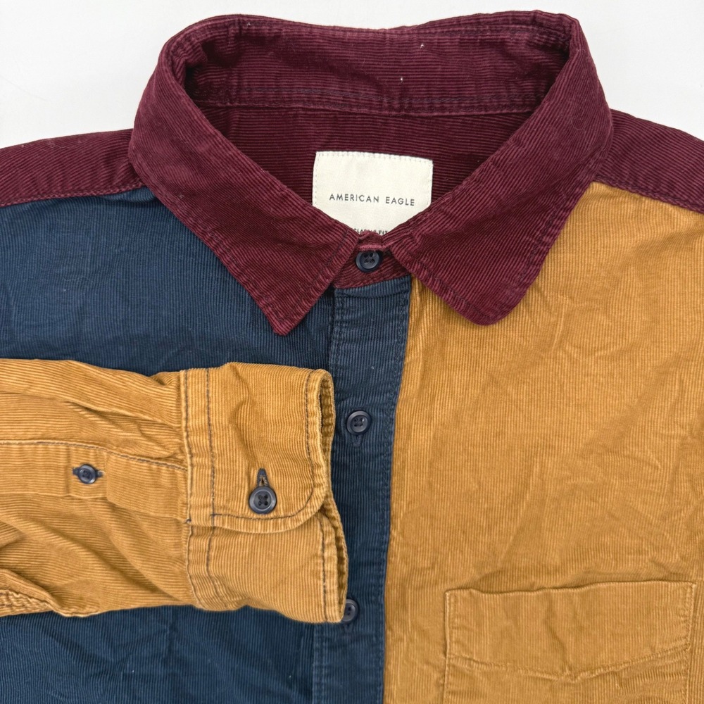 American Eagle Button Down Mens S Multi Colorblock Corduroy‎ Classic Fit Shirt